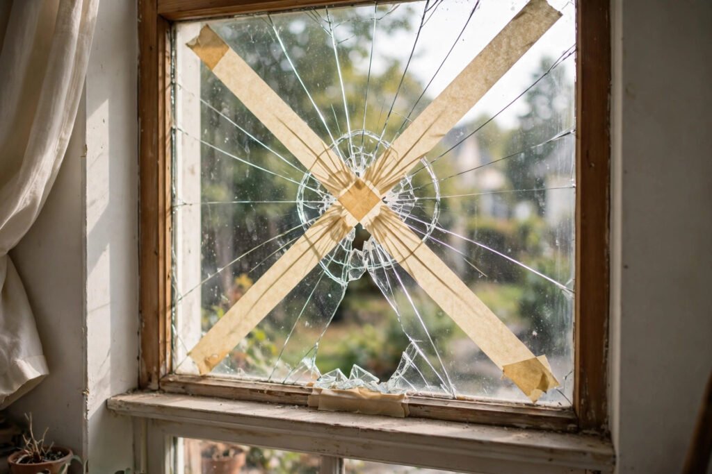 Cracked window pane taped to hold loose glass