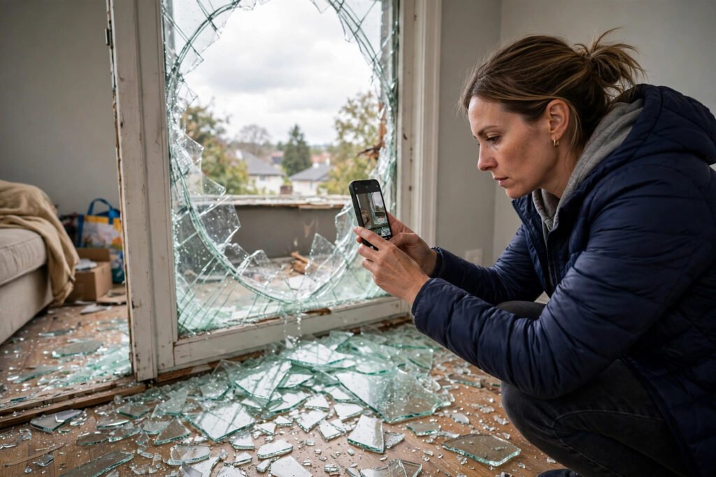 Photographing broken window damage for an insurance claim