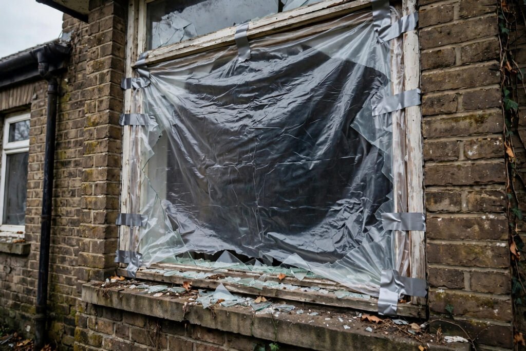 Temporary plastic cover over a broken window